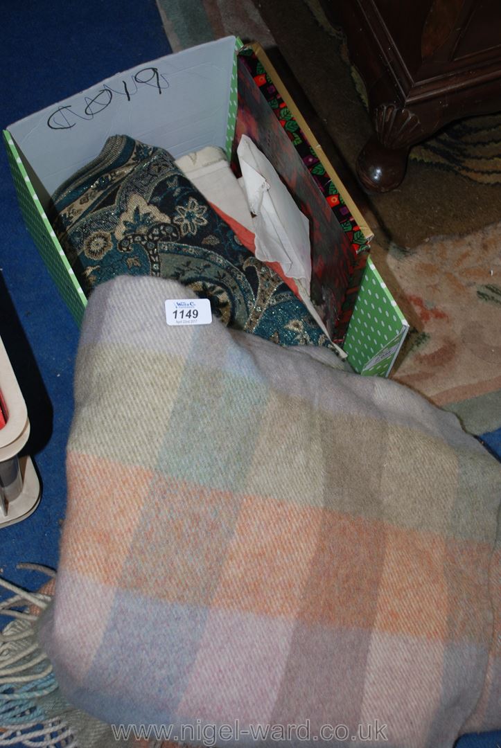 A Wool Travel Rug, boxed handkerchief,