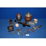 A quantity of miscellaneous including copper canister, treen tea caddy, onyx egg, scribe,