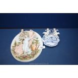 A blue and white Continental vintage dual Inkwell decorated with shells and cherubs,