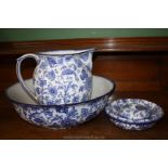 A blue and white Bedroomware set of jug, bowl and soap dish.