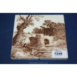 A Minton Tile, cream ground with bridge and river scene, 15cms square.