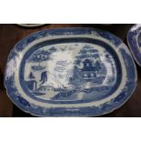 A good blue and white transfer printed Willow pattern Pearlware rectangular Dish,