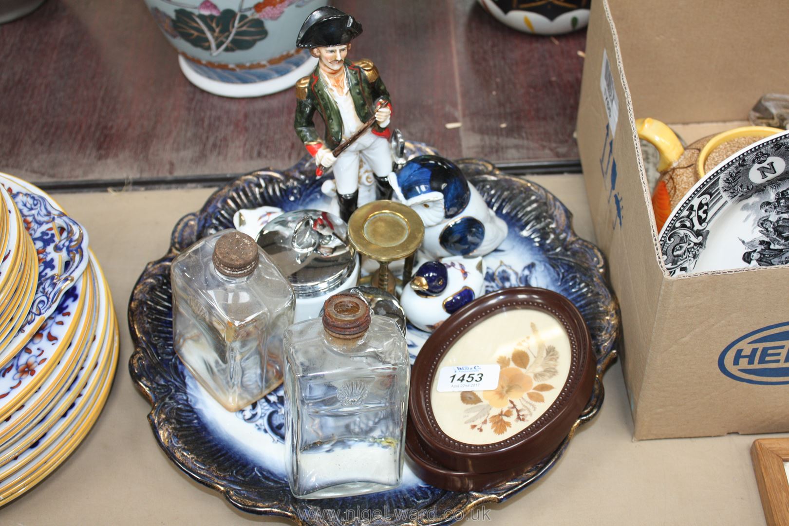 A quantity of china including blue and white platter, egg coddlers, ducks, owl, soldier,