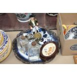 A quantity of china including blue and white platter, egg coddlers, ducks, owl, soldier,