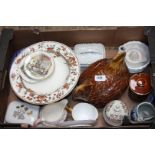 A box of china including a Sardine lidded Dish, Crabtree Lemon Squeezer, miscellaneous plates,