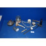 A small Bronze Oil Lamp/Burner, Corkscrews,
