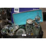 A quantity of glass including a Galileo thermometer, End of Day basket, top hat ashtray,
