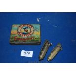 Two old brass Lighters and a Players cigarette Tin