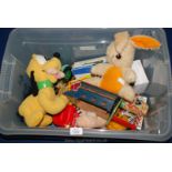 A box of vintage Toys including plush Pluto, scratch built tractor, wooden train, tin plate toys,