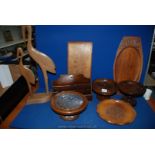 A quantity of Treen including tazzas, letter rack, large bird figures, tray, etc.