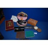 A box of miscellaneous items including a Manicure Set, a boxed Missal, Autograph Books,