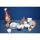 A quantity of china including trinket pots and trays, pottery butter dish decorated with a mouse,