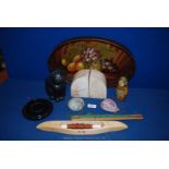 A painted oval Tray with a pair of marble bookends, wooden cart, serpentine paperweight, etc.