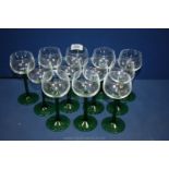 Twelve French green stemmed Hock Glasses