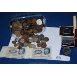 A quantity of foreign coins and bank notes, two commemorative Crowns, etc.