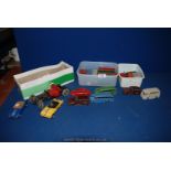 A box of Dinky and other model cars and two old Scalextric cars, some a/f.