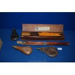 A Webley 12 bore Gun Cleaning Kit, plus two sets of rods, a copper Powder Flask,