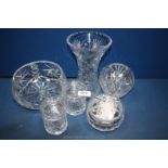 A quantity of cut glass including trifle bowl, preserve pots, rose bowl, vase,
