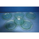 Six hand blown green glass Plates 8 3/4" diameter possibly French or Italian
