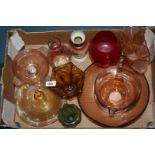 A quantity of coloured glass including jugs, dishes, vases, small green vaseline glass vase,