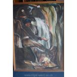 A large Oil on canvas depicting a Mining Scene, signed lower middle P.M.