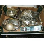 A quantity of plated silver including basket, teapot, butter dish, serving dish, rose vase,