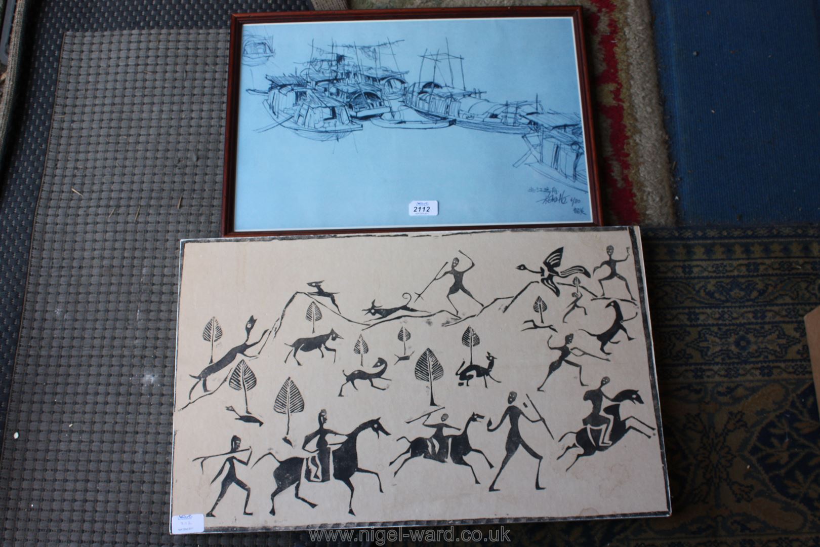 A Chinese Print on board of a hunting scene and a Print of Chinese Tanka boats.