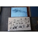 A Chinese Print on board of a hunting scene and a Print of Chinese Tanka boats.