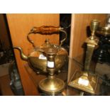 A brass Kettle with glass handle and two old brass Candlesticks