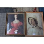 Two Prints, one of a lady in a red dress and one of a young man in Renaissance dress.