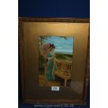 A gilt framed and mounted Oil Painting of a Young Lady with a pink parasol leaning on a bench