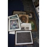 A quantity of pictures including a Leader etching, L.