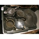 A quantity of Pewter items including a pewter pedestal fruit stand, a cheese dish,