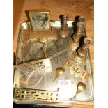 Miscellaneous miniature brass items including fender, candlesticks, dressing mirror,