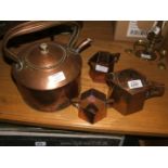 A large Copper Kettle, small hexagonal copper teapot,