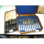 A cased set of dessert Forks with mother of pearl handles and another cased Dessert set.