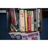 A box and crate of Books incl. Dan Brown, Encyclopedias, maps, etc.