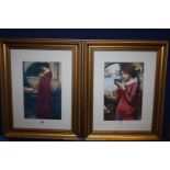 A pair of gilt framed Prints of women in red dresses.