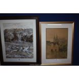 An unsigned, framed and mounted Oil painting of a river scene in shades of brown,
