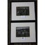 A pair of original Pastel/Gouache black and white Paintings by Irish Artist,