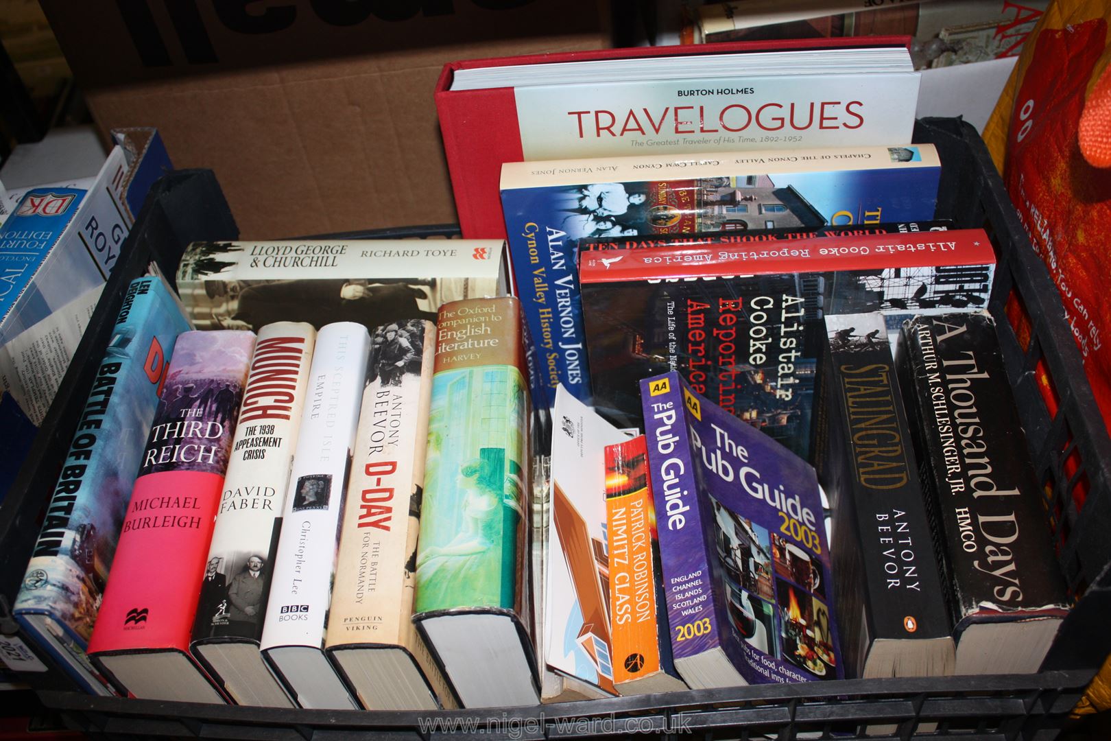 A box and crate of Books incl. Travelogues, the Third Reich, A-Z of family medical, etc.