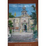 An unframed Oil on canvas of "The Facade of the Gouverneto Monastery, Crete",