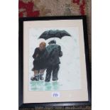 A pastel Drawing of a couple in the rain signed B.