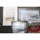 Three pictures including a view of Victoria, Honk Kong, Watercolour of 'Bootham Bar,