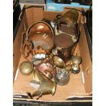 A quantity of brass and copper items including watering can, small scuttles, inkwell, nutcracker,