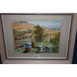 A Watercolour of a landscape with beehives signed D. Mortimore.