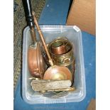A brass and copper Warming Pan, a small copper and brass Warming Pan, a brass Plant Pot,