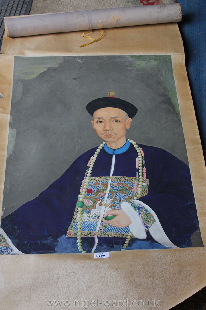 An oriental painting on paper scroll of a Mandarin