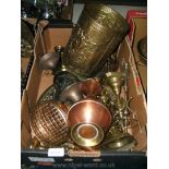 A quantity of miscellaneous metal items including two pairs of brass candlesticks.