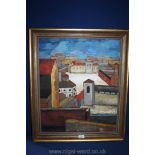 A large Oil onboard, Vibrant Impasto of Cubist type, depicting Buildings and Town,